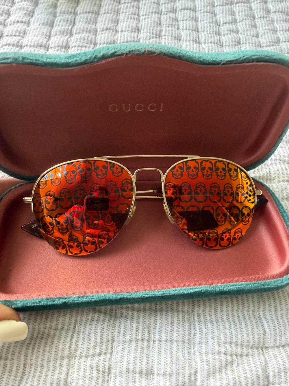 Gucci Gold Aviator Sunglasses with Orange Skull-Pattern Lenses